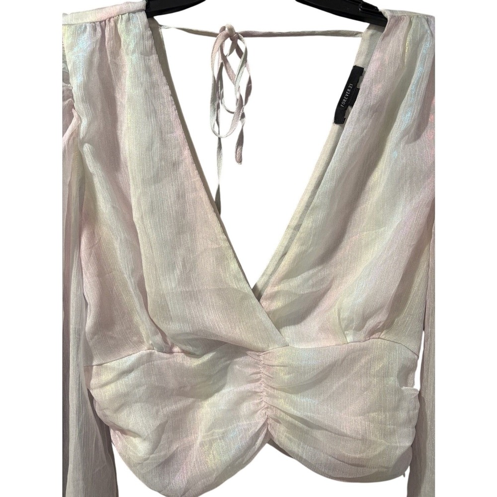 Y2K Holographic Puff Sleeve Crop Top Womens L Rave Festival Party Club - Picture 2 of 6